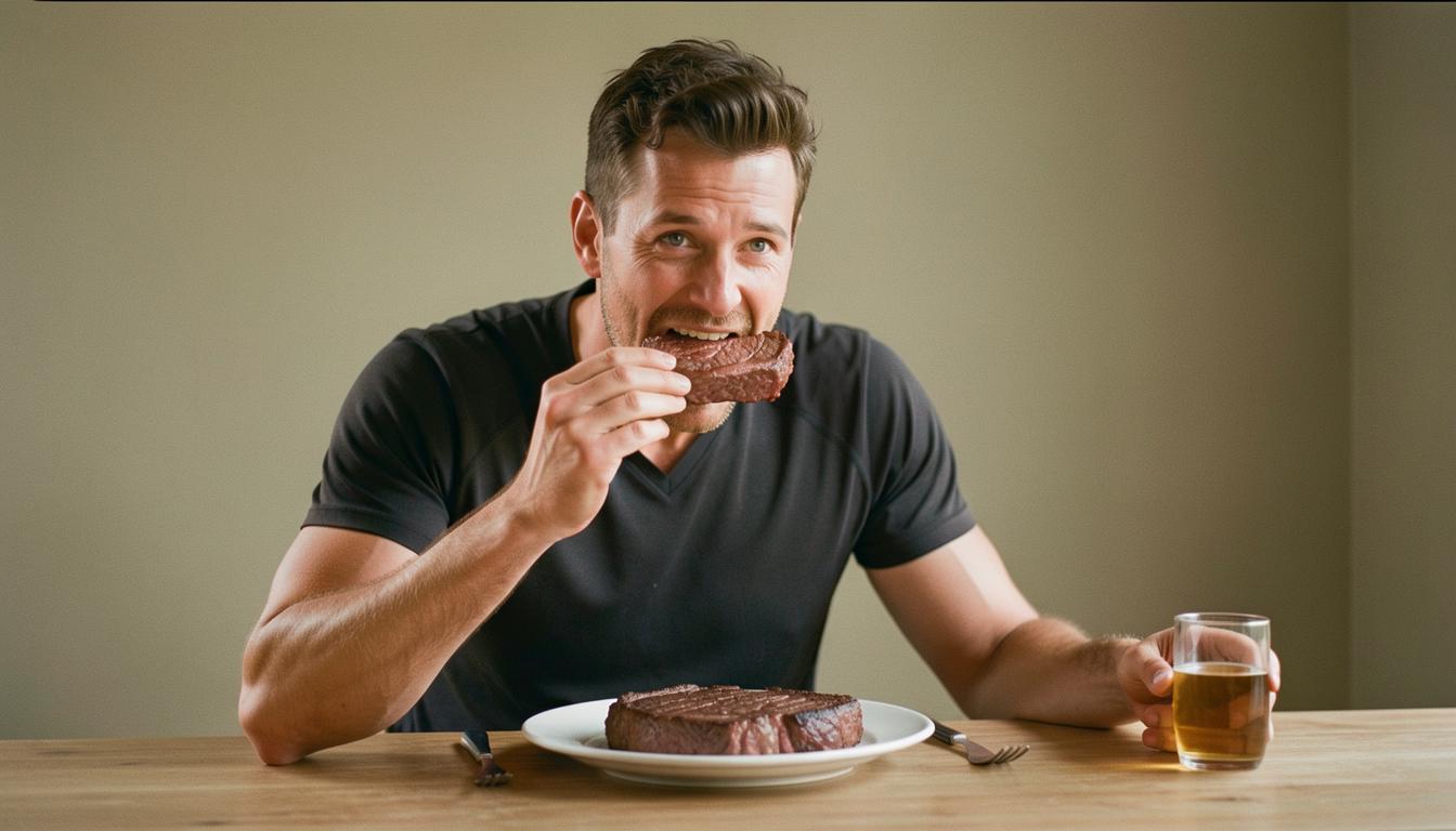Endurance athlete che mangia carne rossa