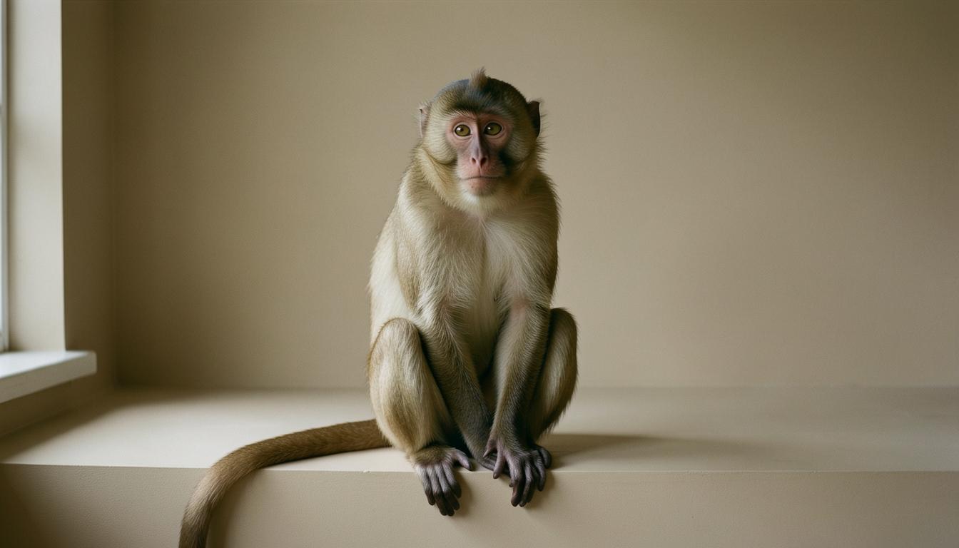 Macaco con smartphone in una casa diroccata, simbolo dello sfruttamento dei primati nei video sui social media