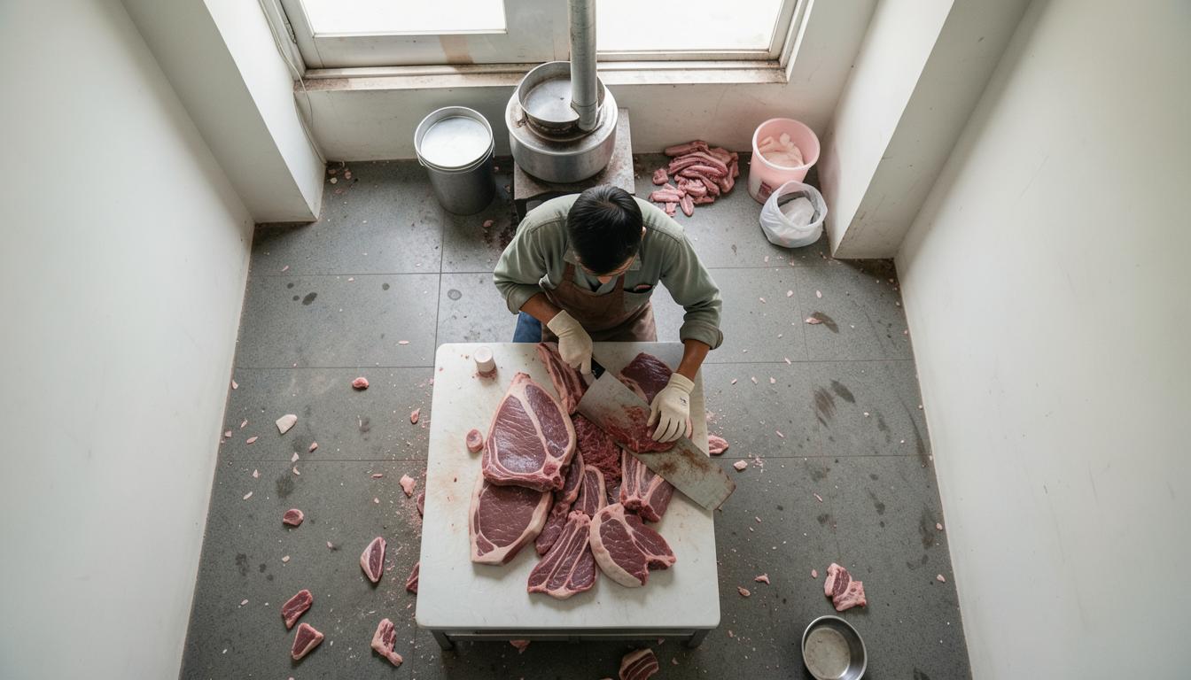 Lao động nhập cư trong lò mổ làm việc trên dây chuyền giết mổ, môi trường công nghiệp khắc nghiệt.