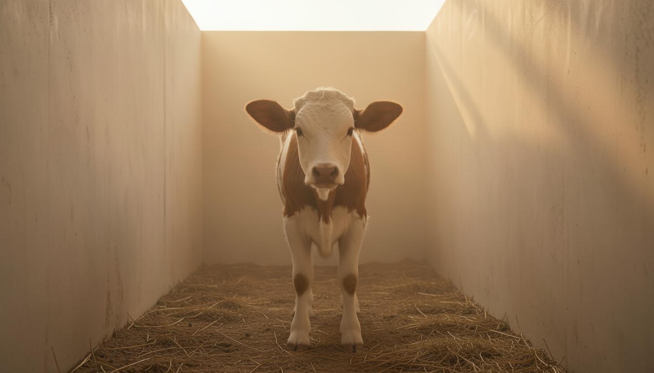 Vitello chiuso in una gabbia per vitelli (veal crate) in un allevamento intensivo, immagine che illustra la crudeltà e la mancanza di spazio per il movimento.