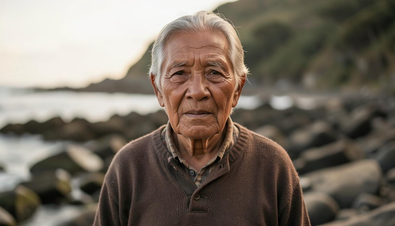 Trattamenti per pidocchi di mare in Nuova Zelanda: un anziano Maori osserva un allevamento di salmoni sullo sfondo di montagne nebbiose