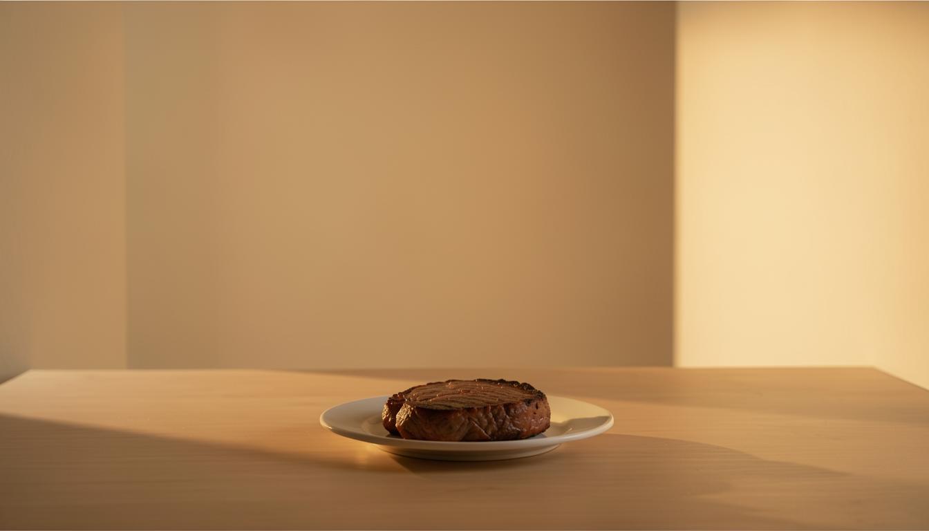 Piatto di carne con etichetta grass-fed in una mensa ospedaliera, simbolo della verità dietro le etichette ingannevoli.