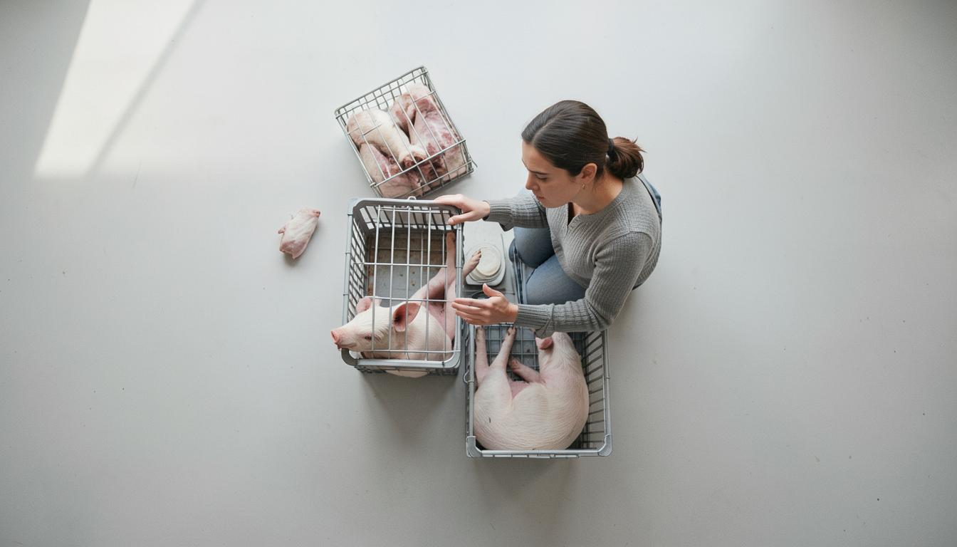 Parent explaining veal crates to child using drawings