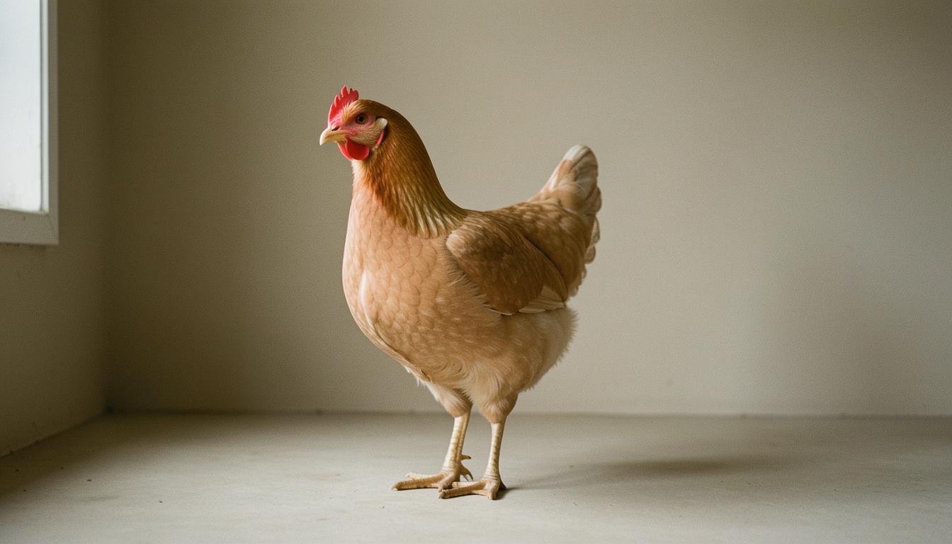 Gallina con piumaggio rado in un allevamento intensivo in Africa subsahariana, esempio di muta forzata in contesto global-sud