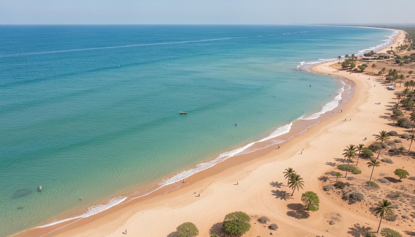 நீண்ட வரிசை மீன்பிடி படகு மற்றும் அல்பட்ராஸ் பறவைகள் கென்யா கடற்கரையில் மாலை நேரத்தில்