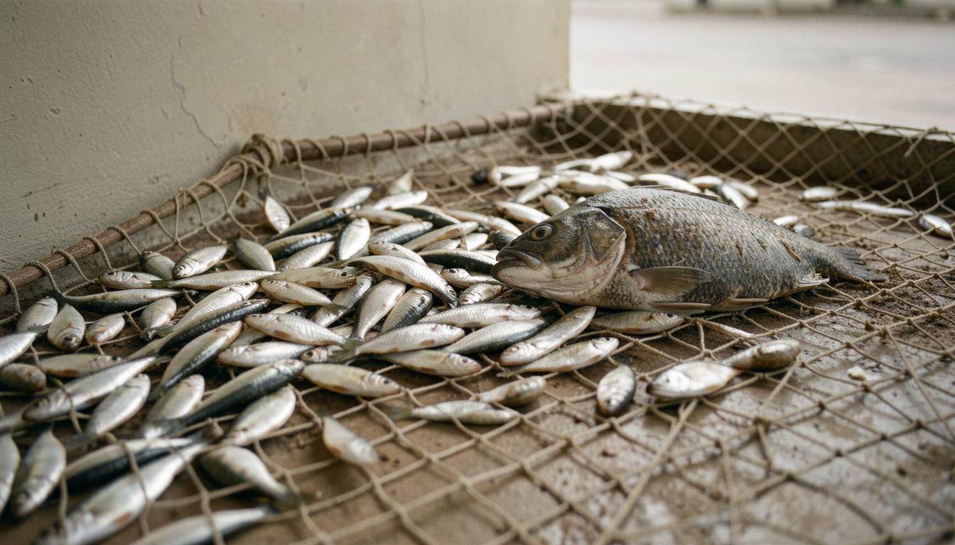 Bycatch cá heo trong lưới kéo ven bờ Tây Phi, minh họa tác động đến gia đình 5+ người tiêu thụ hải sản.