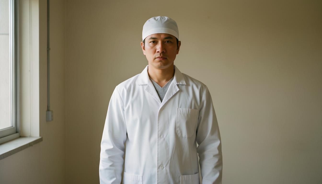 Công nhân lò mổ đứng cạnh dây chuyền giết mổ gà thải loại, phản ánh áp lực an toàn và sức khỏe tâm thần.