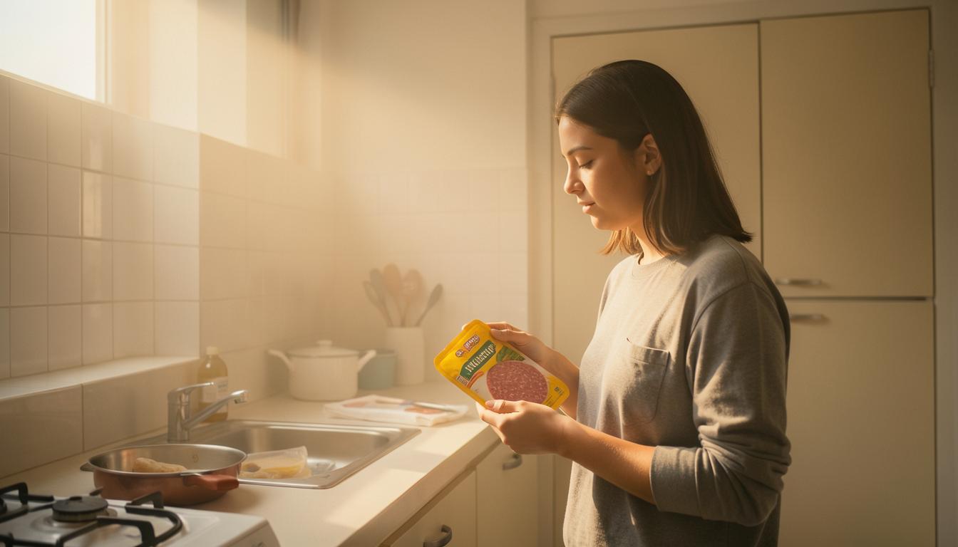 Üniversite öğrencisi paylaşımlı mutfakta elinde et paketiyle göçmen işçi emeğini sorguluyor