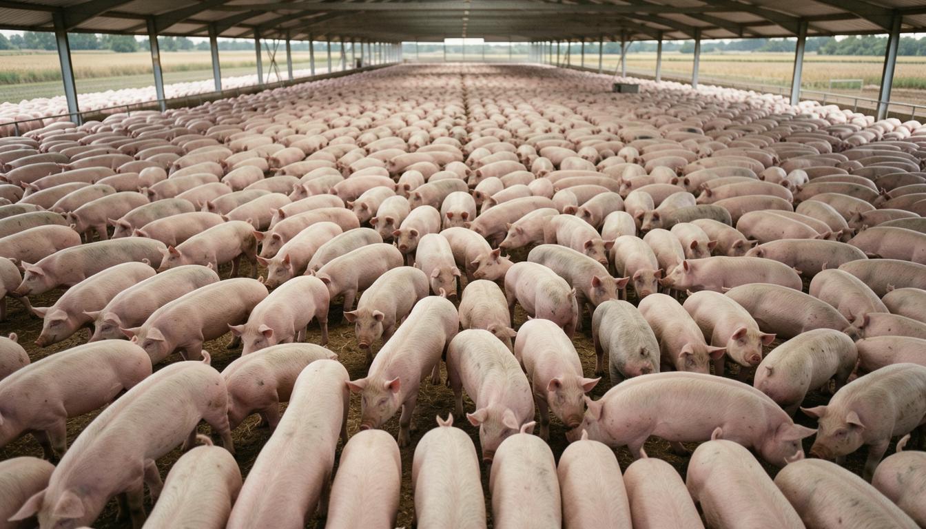 CAFO in comunità a basso reddito: allevamento intensivo di suini accanto a case popolari e un parco giochi, inquadratura aerea