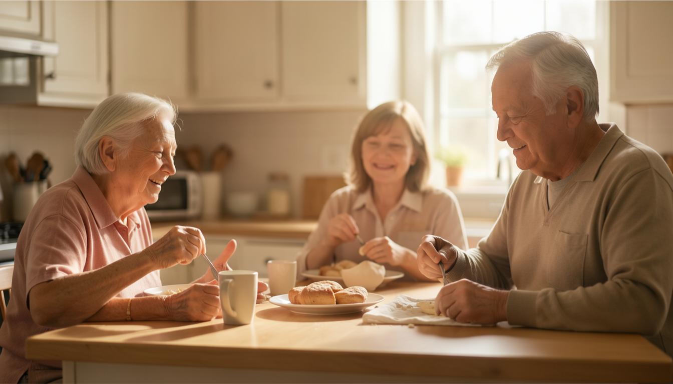 Mixed-diet family discussing farrowing crates campaign messaging toolkit at a kitchen table