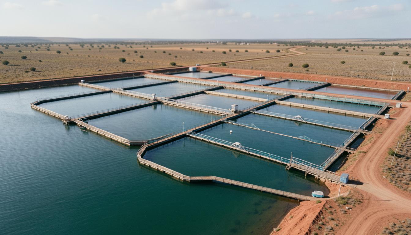 Güney Afrika somon çiftliğinde deniz biti tedavileri için kullanılan turuncu yem küvetlerinin havadan görünümü