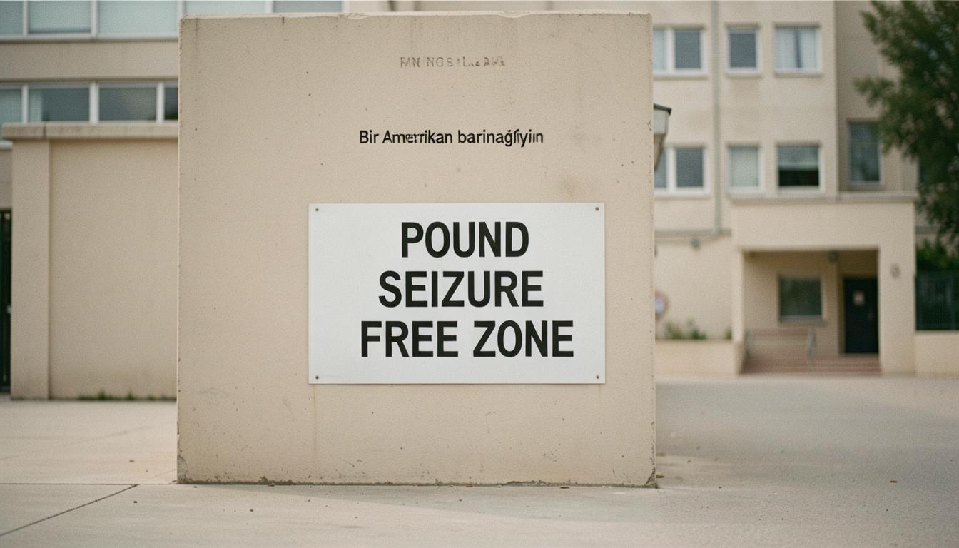 Pound seizure uygulamasına karşı bir barınak tabelası, 2027 etik gezgin rehberi için bir sembol.