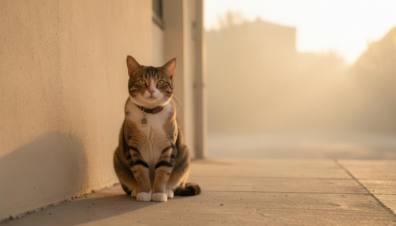 Gatta di comunità con collare vicino a trappola umanitaria per trap-neuter-return, evidenza scientifica TNR 2025