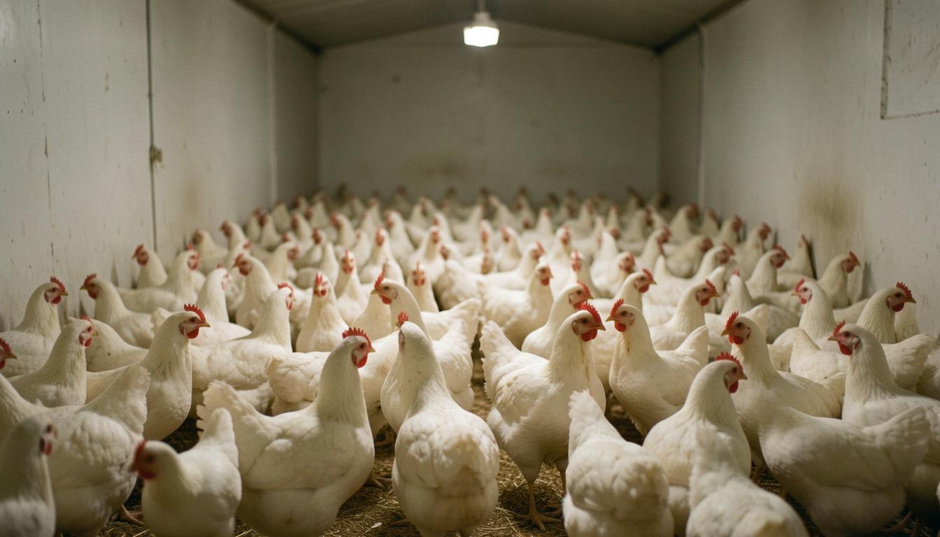 Ag-gag yasalarının denetlediği bir broiler kümesinde yoğun koşullar altında yaşayan tavuklar