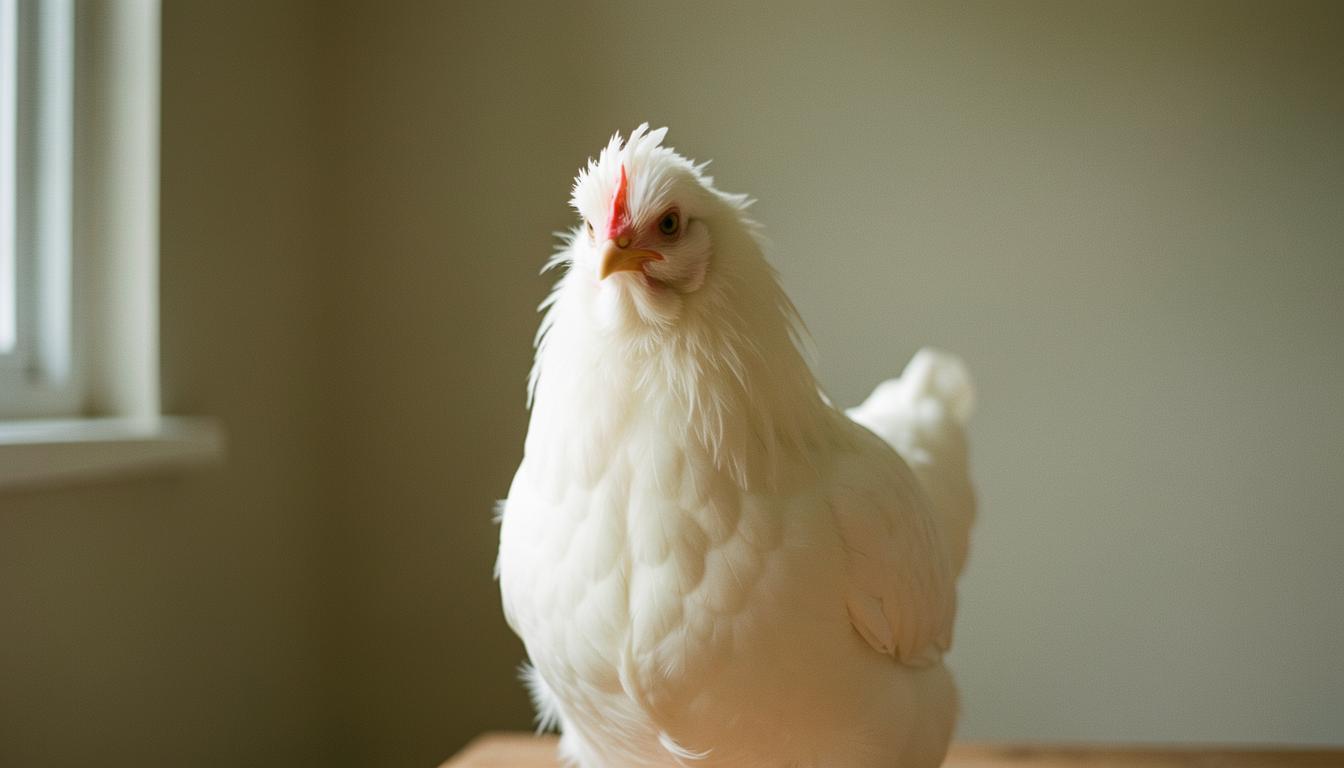Gallina Lina sopravvissuta alle gabbie in batteria appollaiata su fieno in un santuario, simbolo della guida del viaggiatore etico