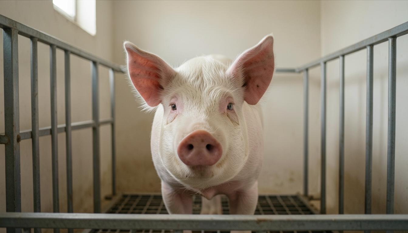 Scrofa in gabbia di gestazione in allevamento intensivo, documento storico della pratica di confinamento