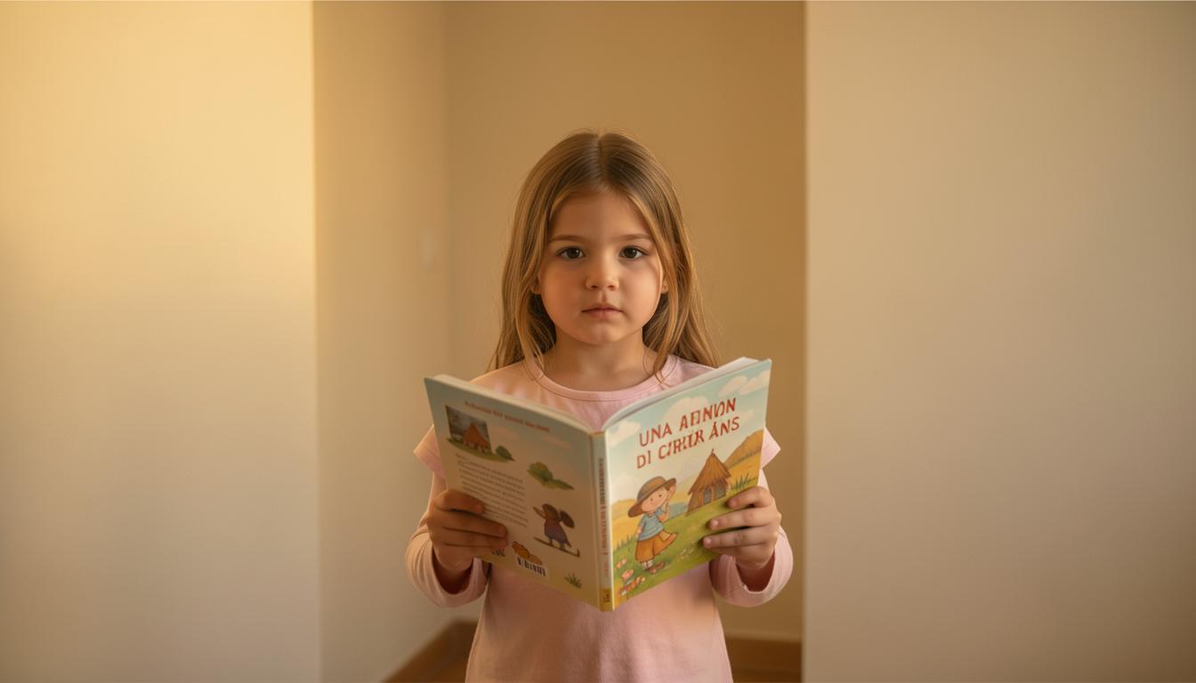Bambina che legge un libro sugli animali allevati in classe, educazione etica 2025