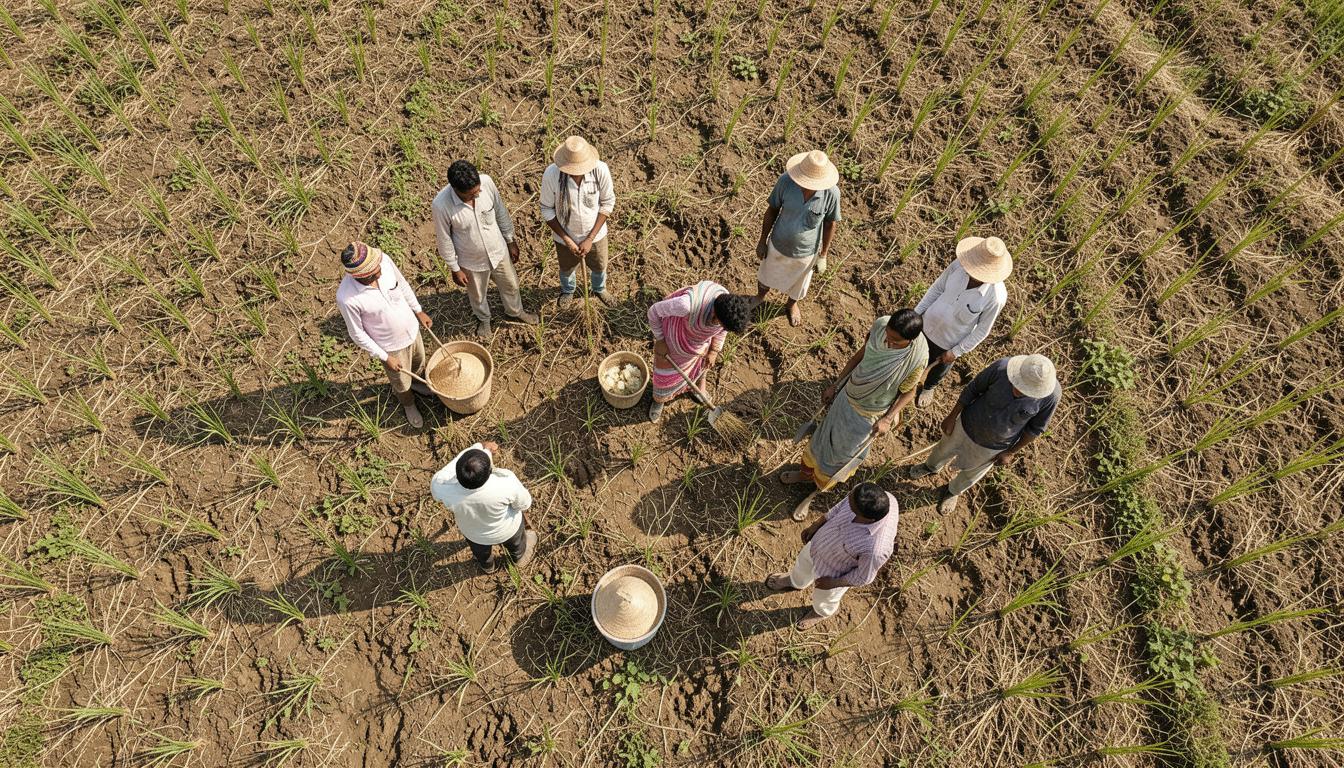 भारतातील शेतमजूर न्याय्य संक्रमणाच्या आघाडीच्या पर्यायांसाठी सौरऊर्जा प्रकल्पाजवळ रोप लावताना