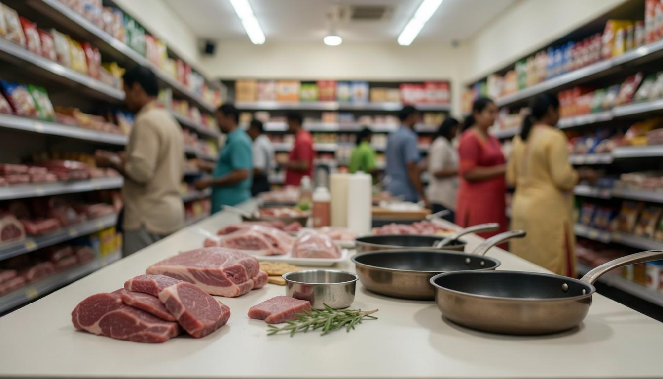 मांस कर लागू झाल्यास ग्राहकांचा निषेध कसा होईल याचे चित्रण, भारतीय किराणा दुकानातील मांस विभाग