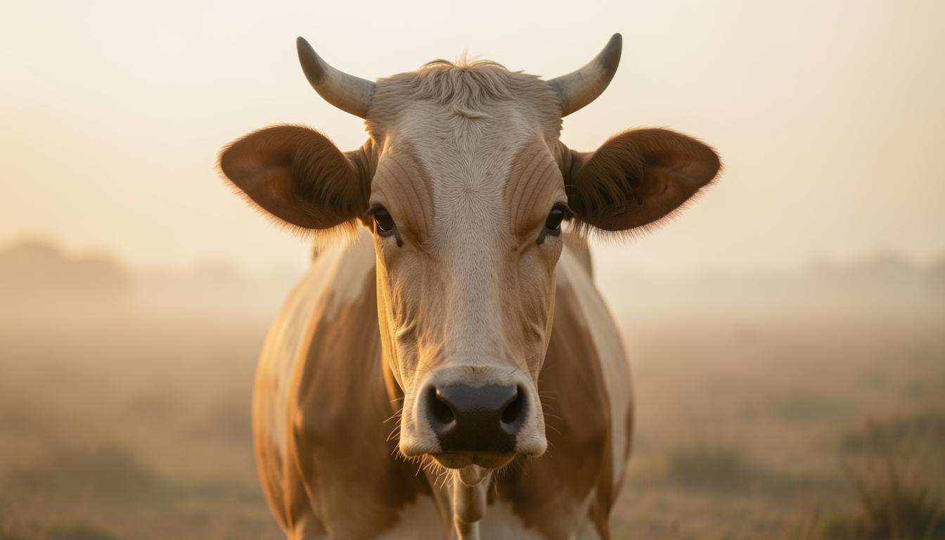 वाचवलेली गाय गौरी अचूक किण्वन आणि दुग्धव्यवसायाच्या संदर्भात अभयारण्यात उभी आहे