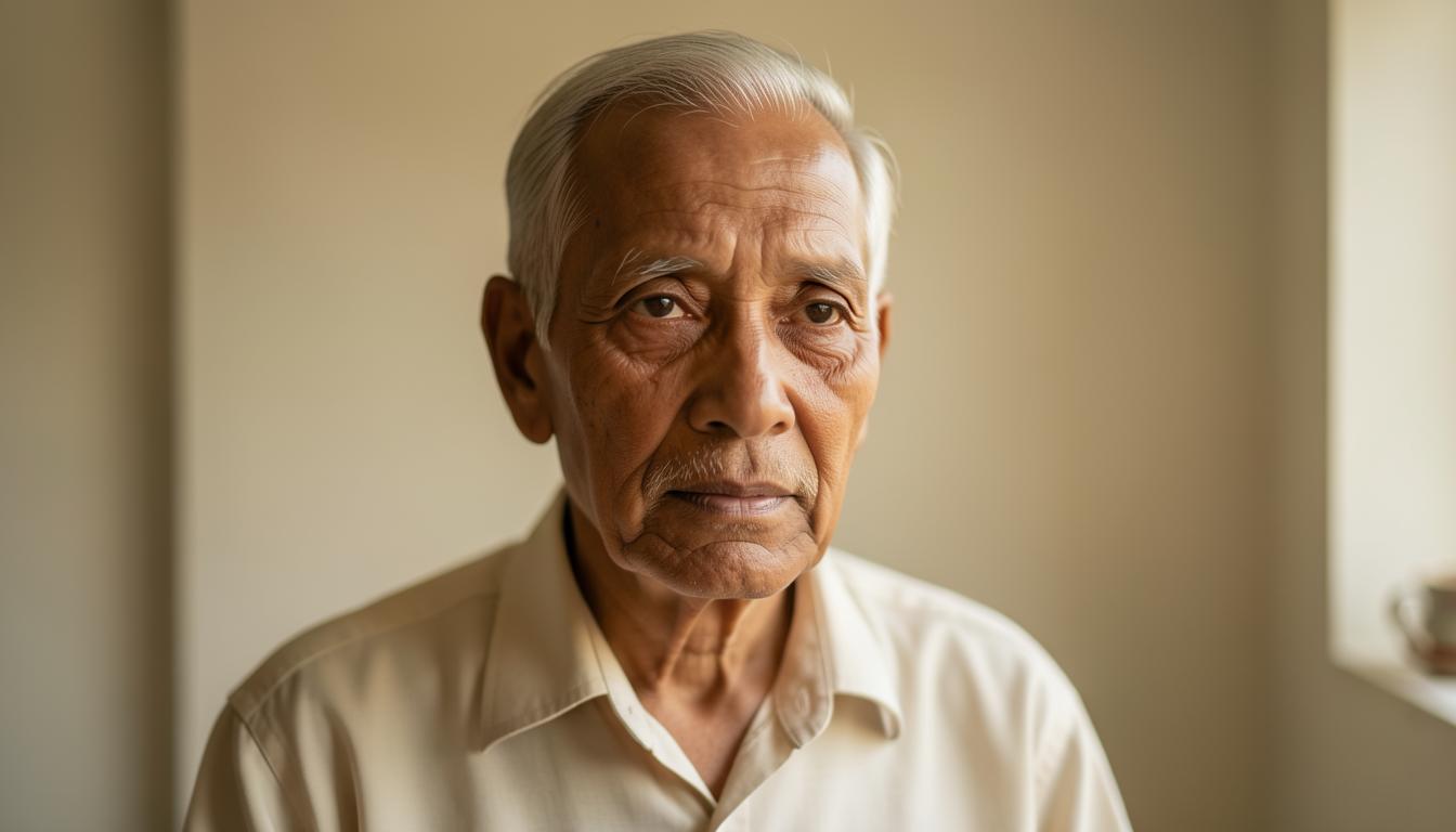 ৬০ বছর বয়সী এক মহিলা শণ, লিনেন ও টেনসেলের তুলনা করে বেছে নেওয়া একটি আরামদায়ক শণের পোশাক পরে বাগানে দাঁড়িয়ে আছেন