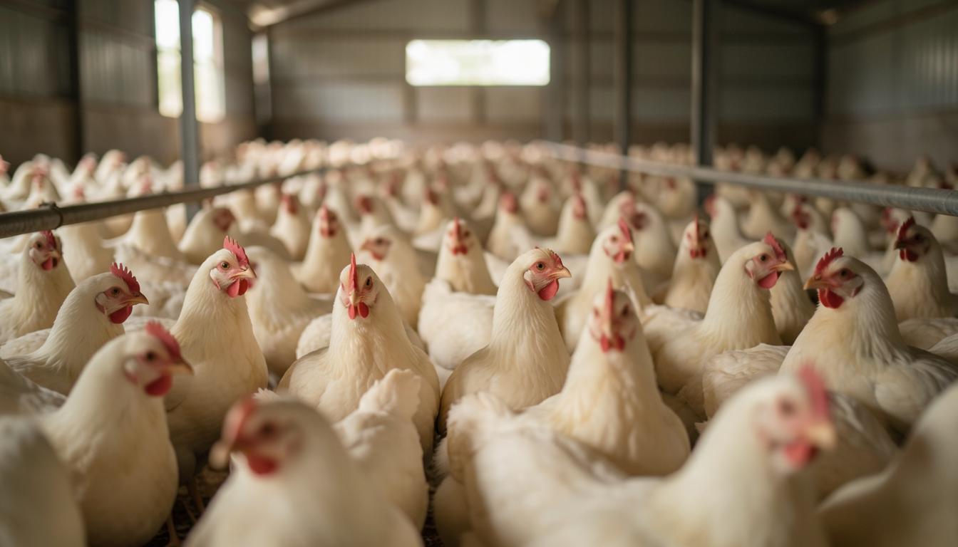حظيرة دواجن مكثفة في فيتنام توضح ظروف التربية التي تزيد من خطر انتشار فيروس H5N1، مرتبطة بمعنى حياة مستدامة.