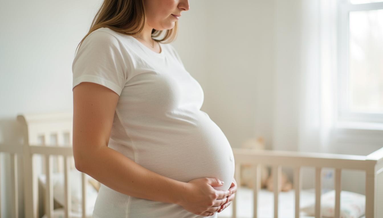 Pregnant woman wearing hemp linen and Tencel fabrics in a sunlit nursery, illustrating safe eco-lifestyle choices during pregnancy.