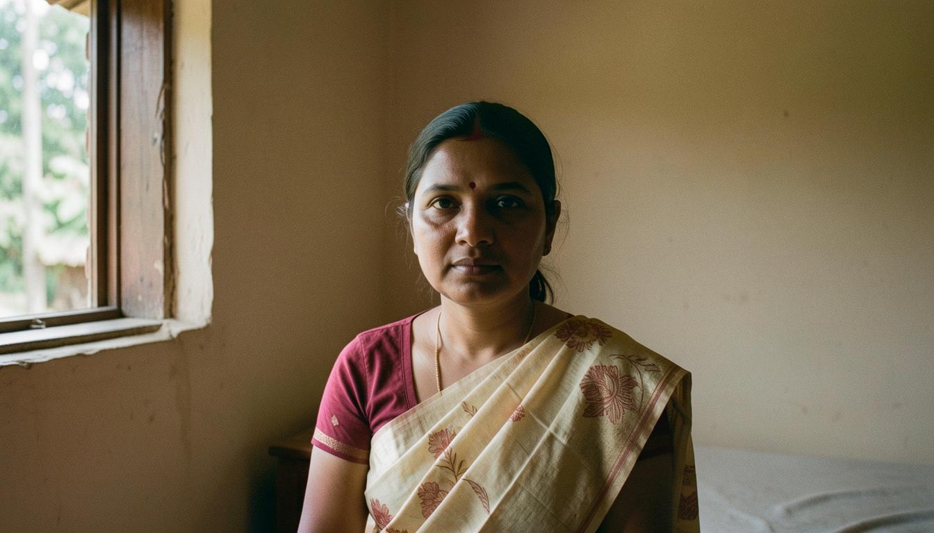 வீட்டு ஆற்றல் தணிக்கை சரிபார்ப்புப் பட்டியலை கிராமப்புற தமிழக வீட்டில் பயன்படுத்தும் காட்சி, சூரிய விளக்கு மற்றும் களிமண் அடுப்புடன்