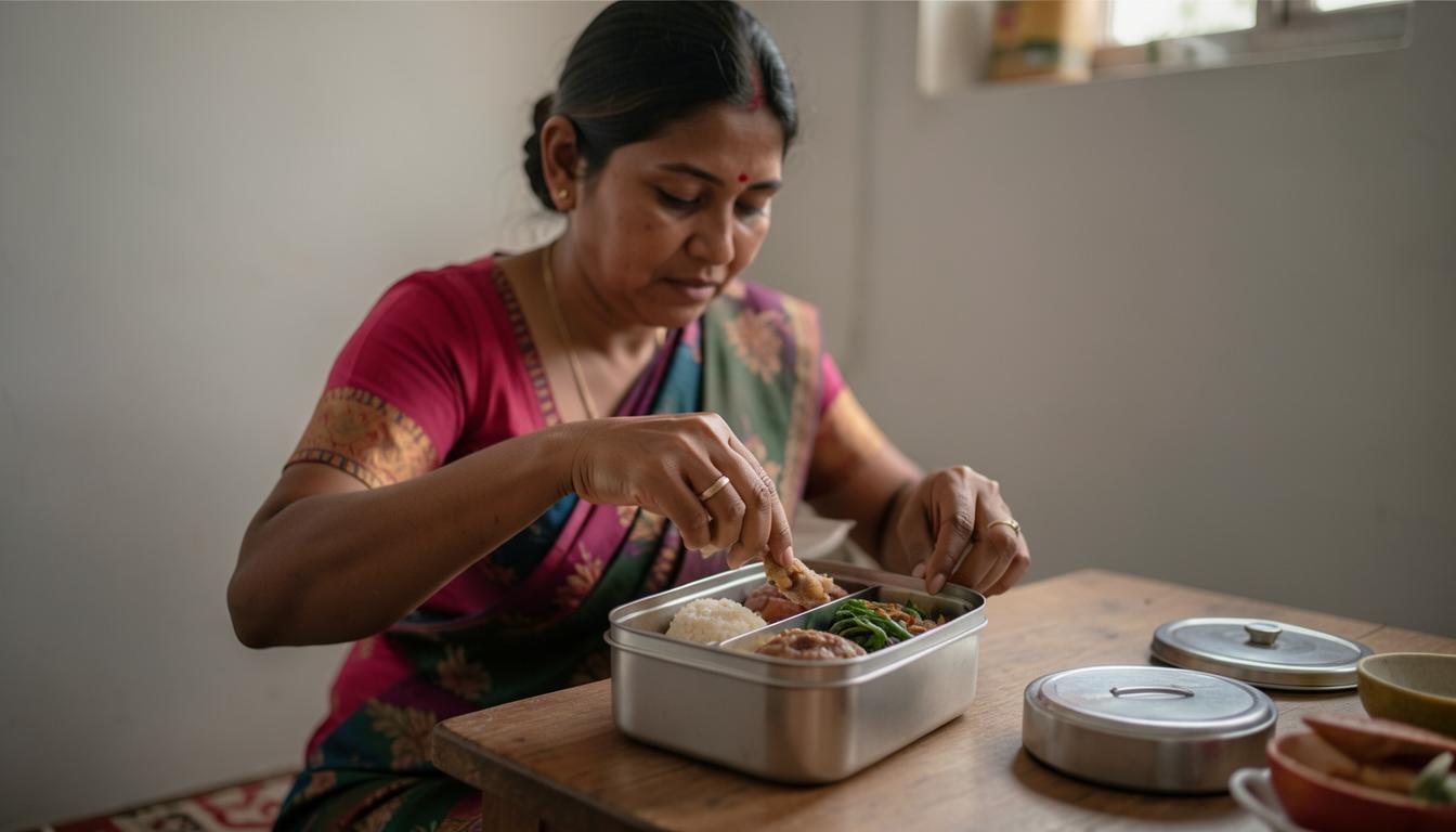 প্রাকৃতিক পণ্য দিয়ে ভেগান শিশুর টিফিন বানানোর দৃশ্য, ডে-কেয়ারের জন্য নিরাপদ খাদ্য প্রস্তুতির ছবি