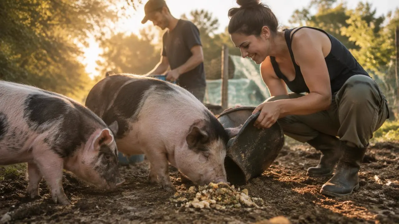 Volunteers feeding rescued pigs at an animal sanctuary at sunrise