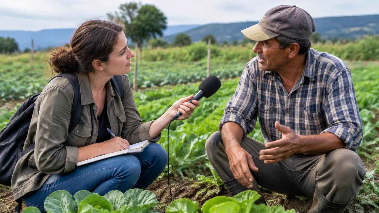 A reporter interviewing a farmer among rows of vegetables