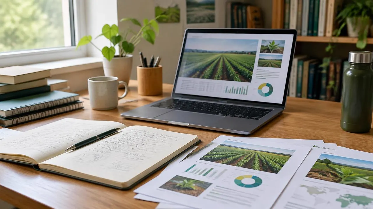 A researcher's desk with notebooks, farm reports and a laptop
