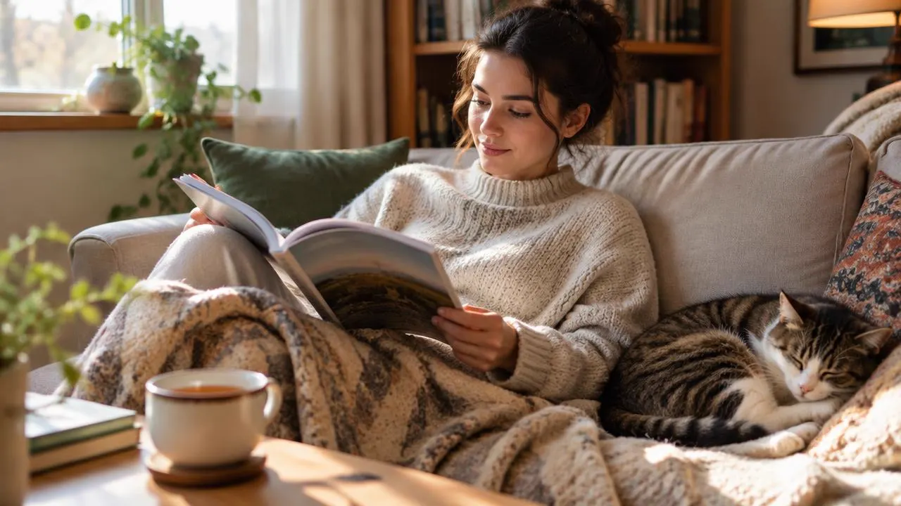 A reader with a magazine and tea on a sofa beside a sleeping cat