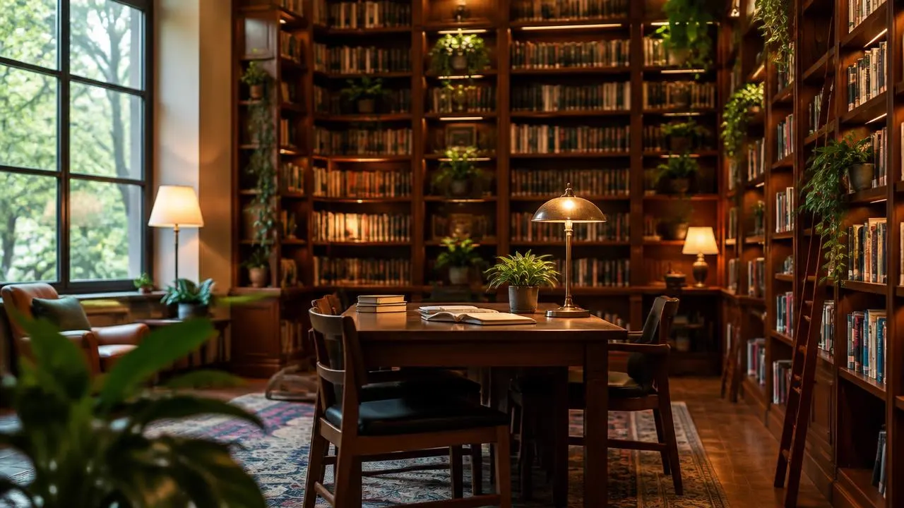 A quiet library reading room with tall shelves and plants