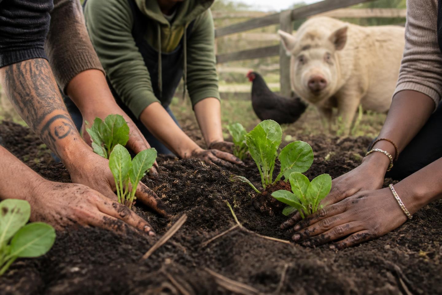 People planting seedlings beside rescued farm animals