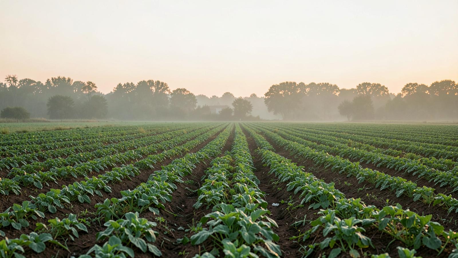 Rows of crops on farmland at dawn, with mist and treeline in the distance