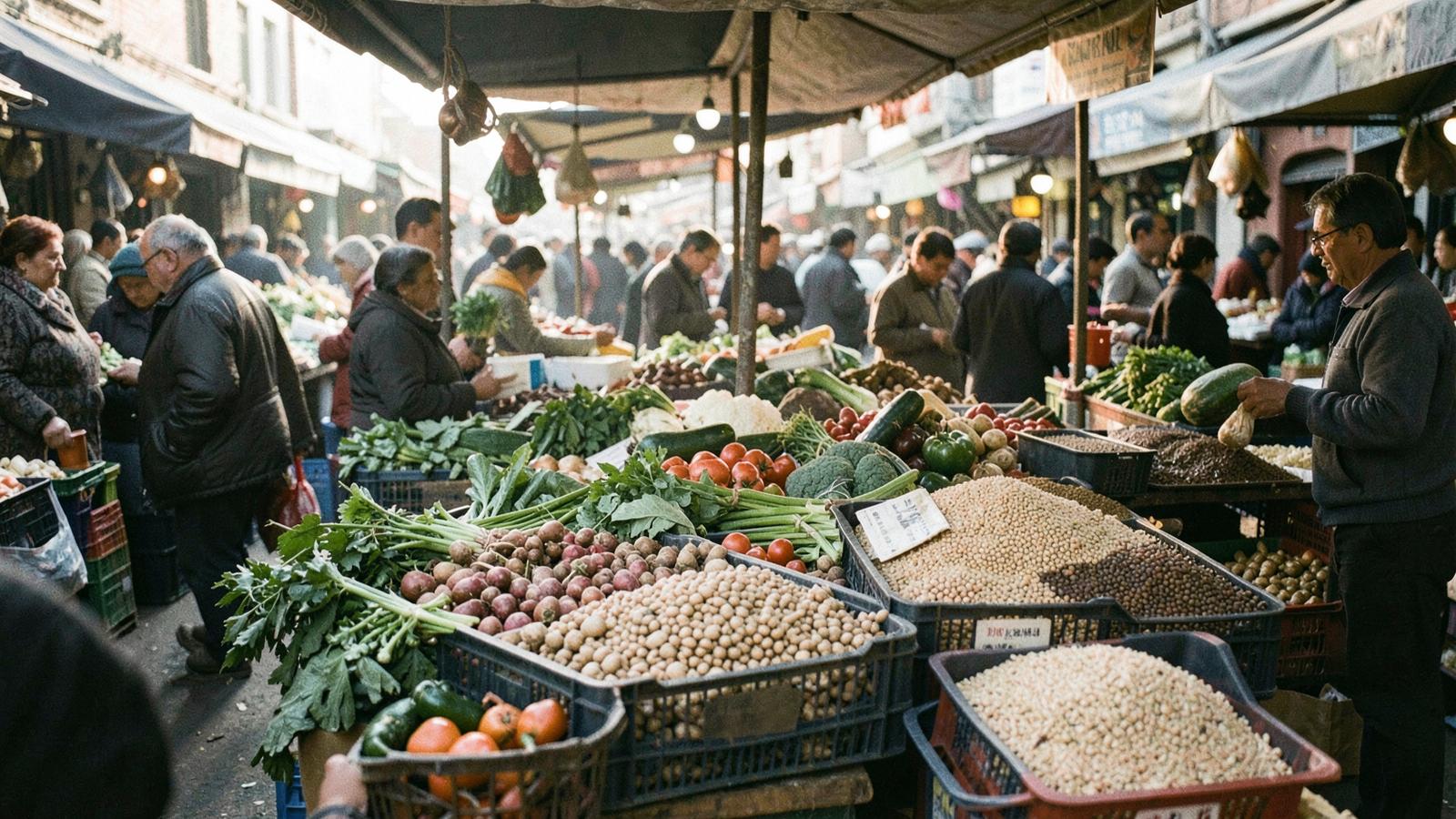 A busy open-air market stall stacked with fresh vegetables, pulses and grains in crates