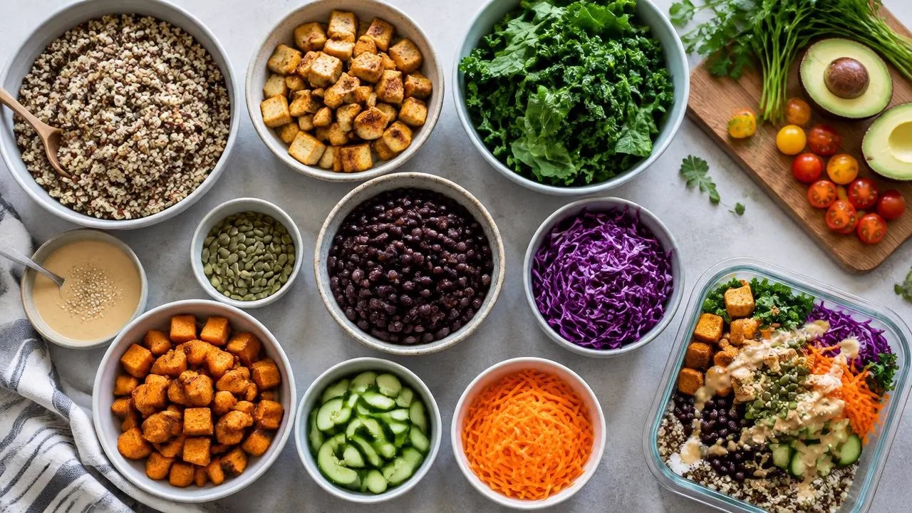 Bowls of quinoa, tofu, greens and beans prepared for plant-based meals