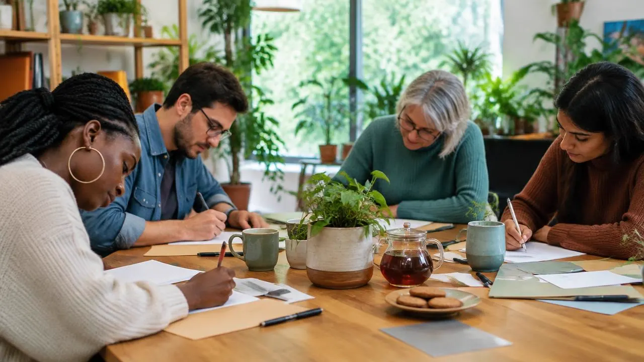 Neighbours writing letters together around a community table