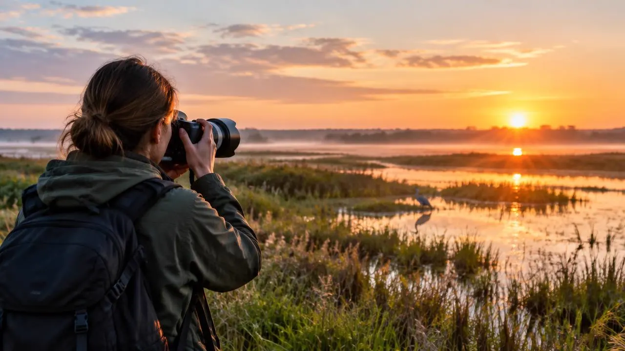 A photographer documenting a wetland at sunrise