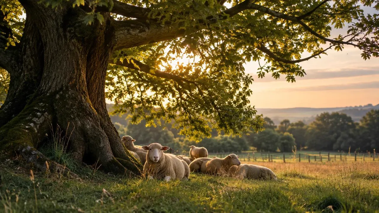 Sheep resting beneath an old oak tree in an evening pasture