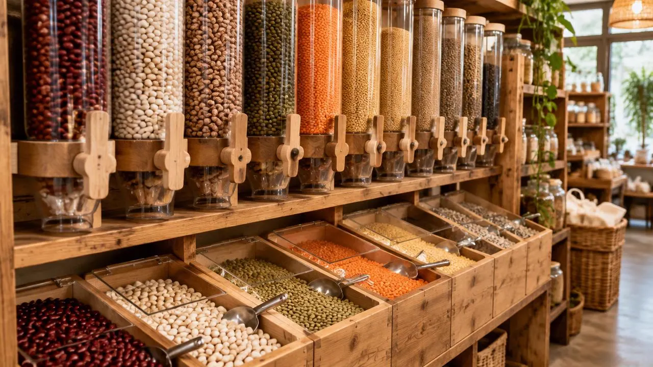 Bulk dispensers of beans, lentils and grains in a zero-waste shop