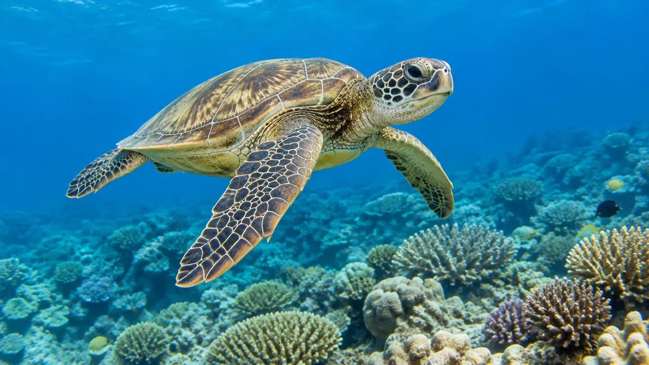 A sea turtle swimming over a coral reef