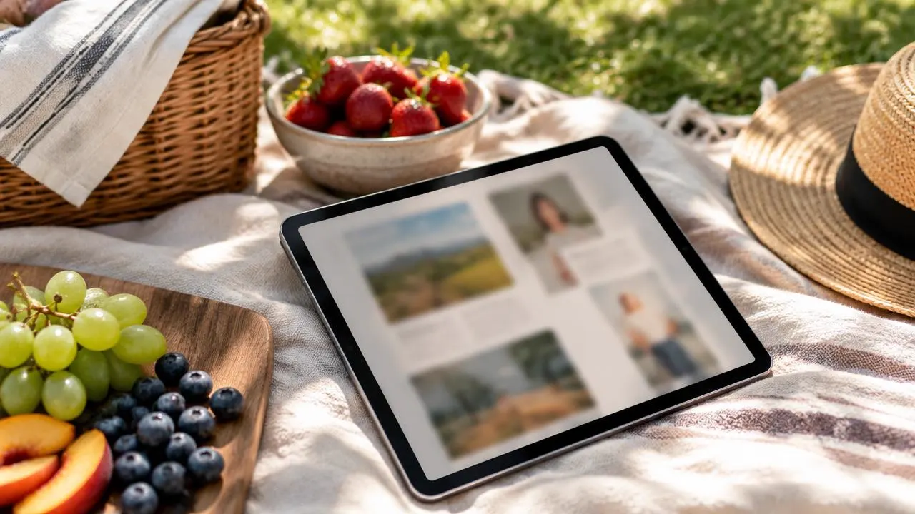 A tablet resting on a picnic blanket with fresh fruit