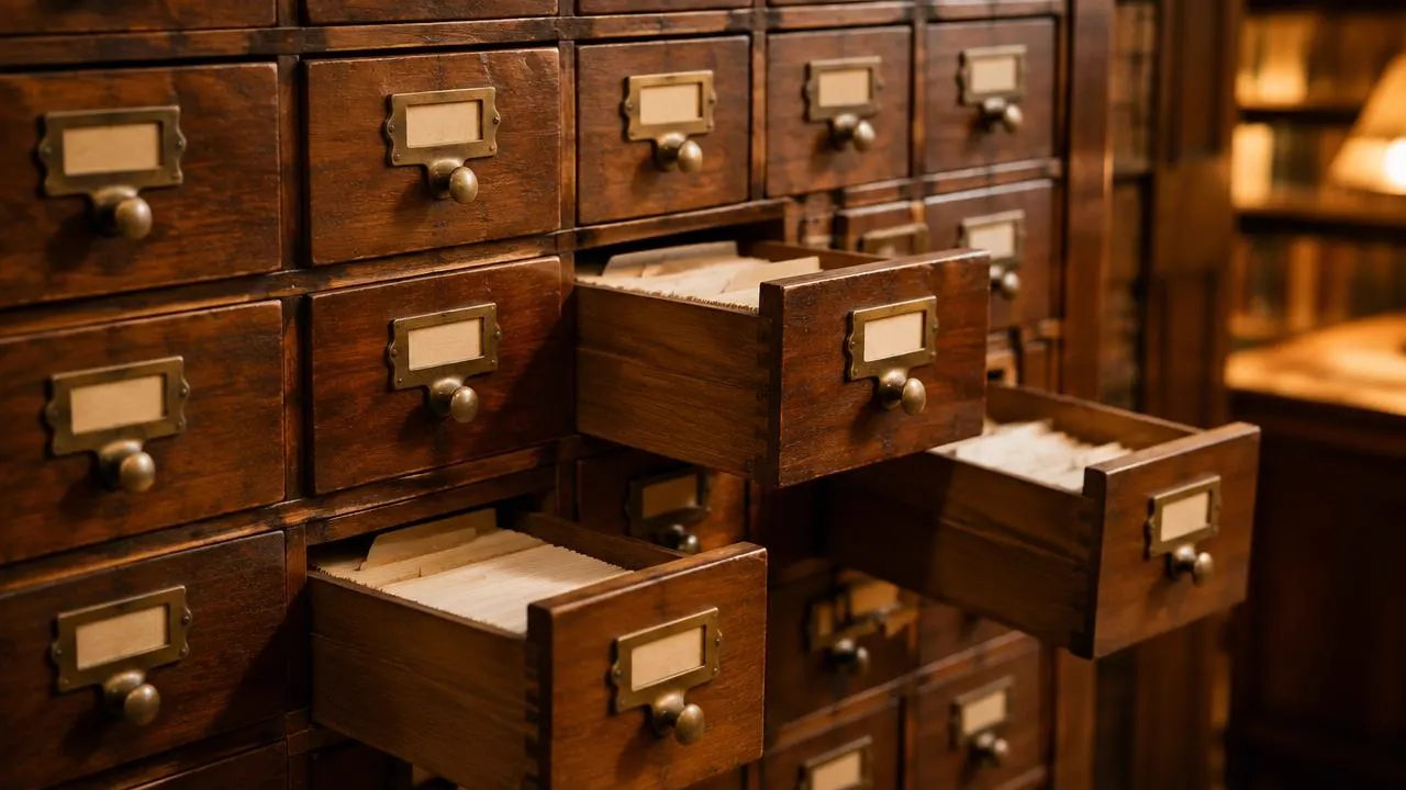 Open drawers of an old wooden library card catalogue