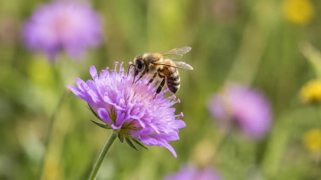 A honeybee gathering pollen on a purple meadow flower