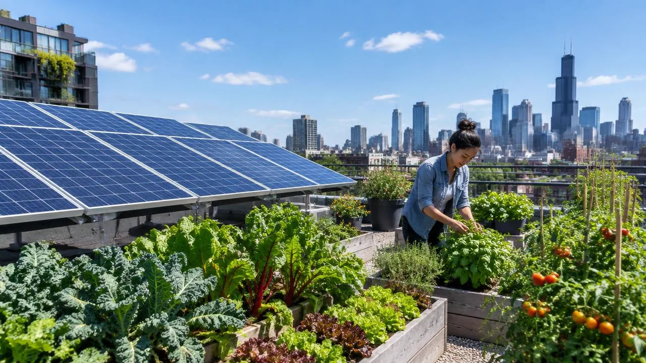 A rooftop vegetable garden next to solar panels above a city