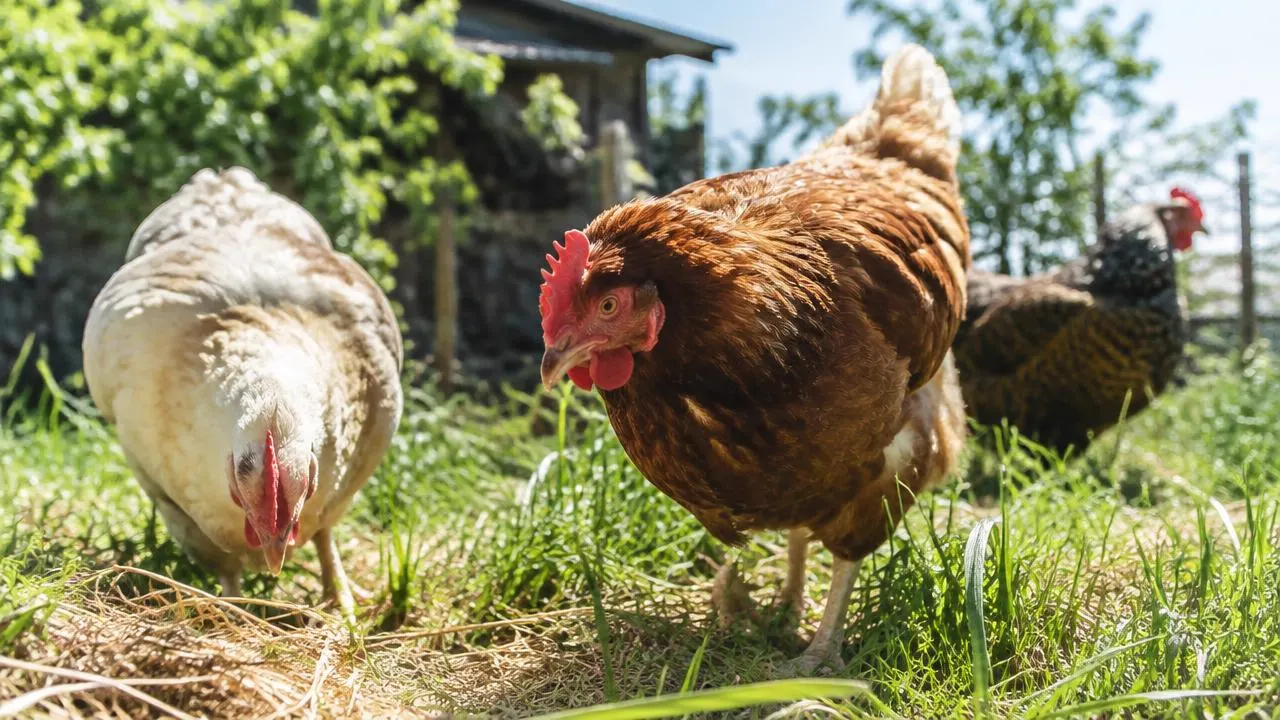 Rescued hens foraging in the grass of a sunny sanctuary yard