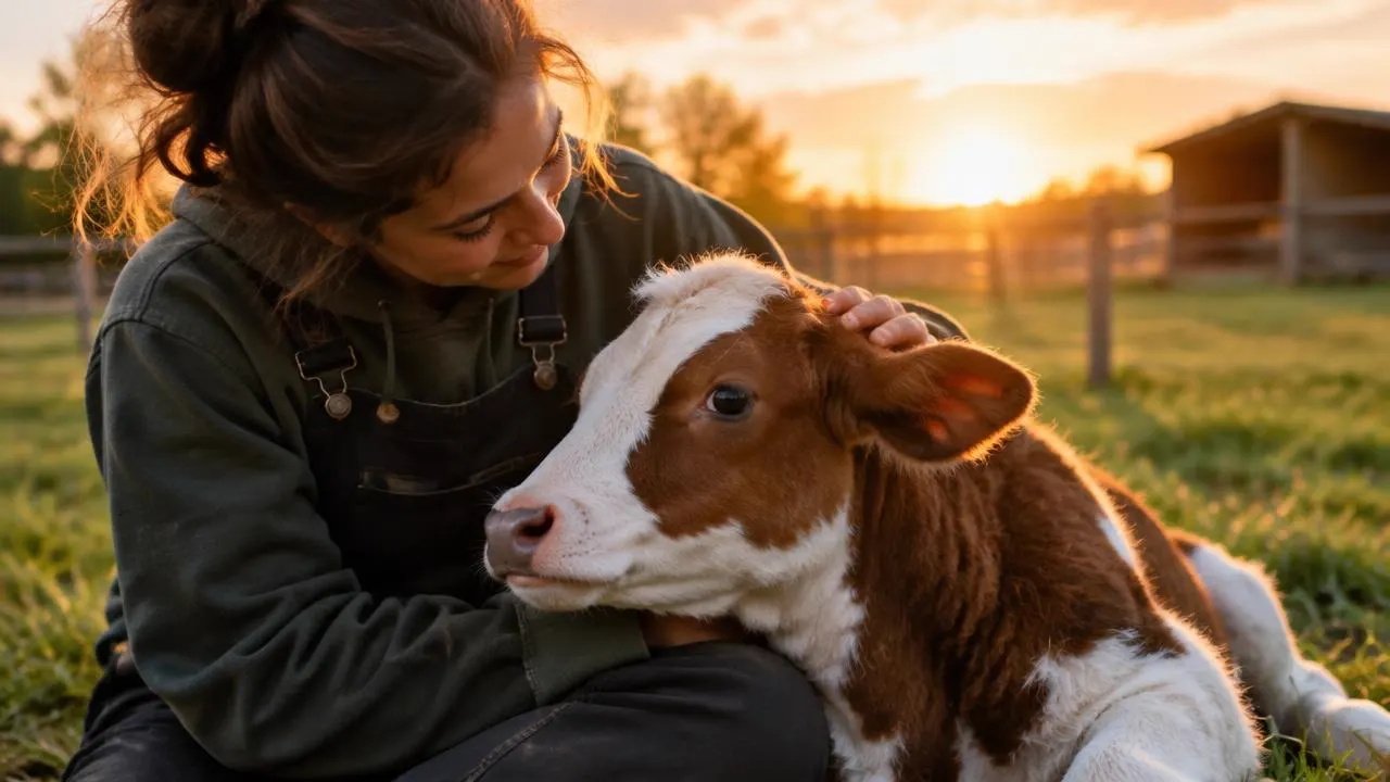 A woman comforting a rescued calf at a sanctuary at sunset