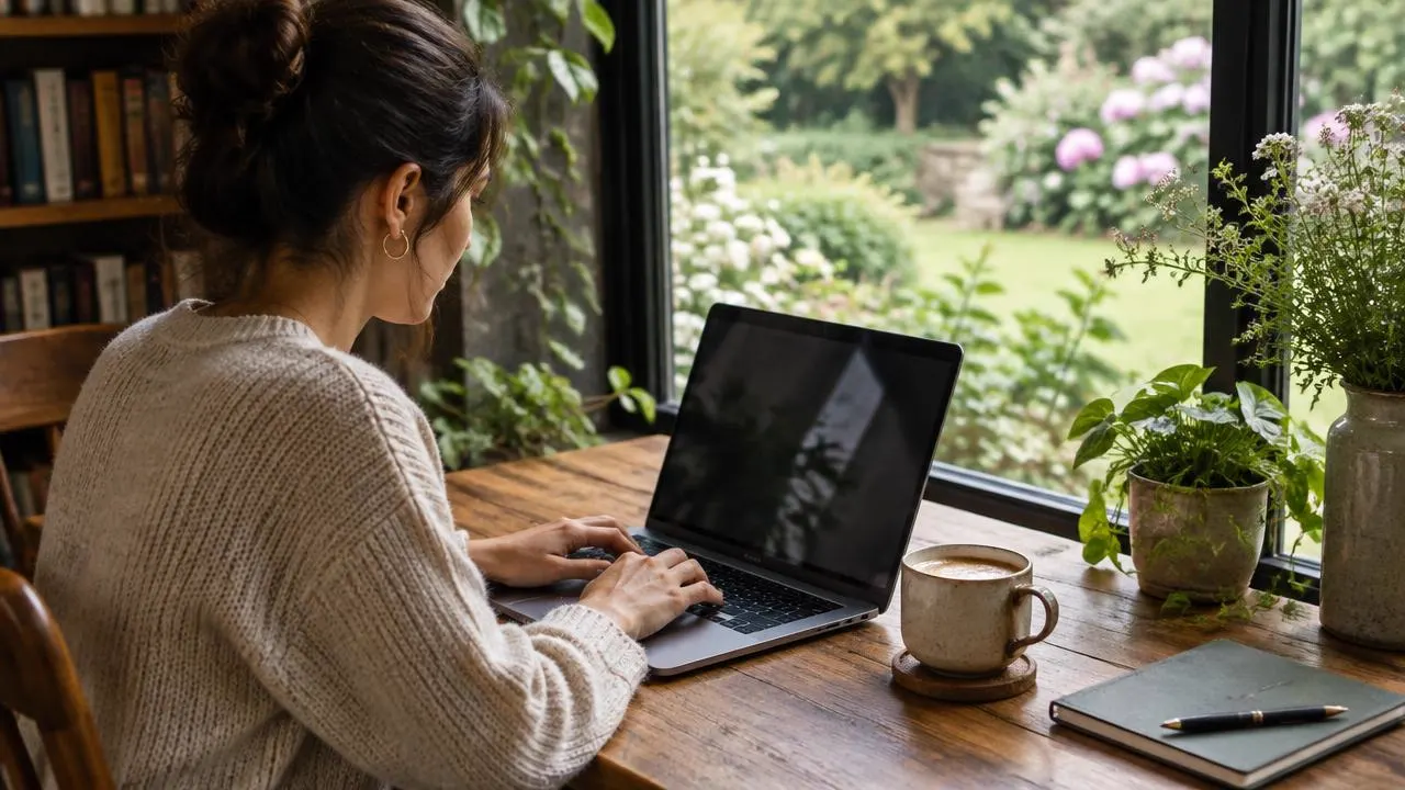 A writer working on a laptop beside a window overlooking a garden